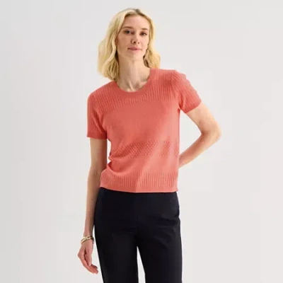 Liz Claiborne Womens Crew Neck Short Sleeve Pullover Sweater In Brown