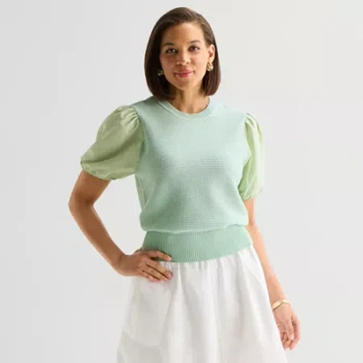 Liz Claiborne Womens Crew Neck Short Sleeve Pullover Sweater In Green