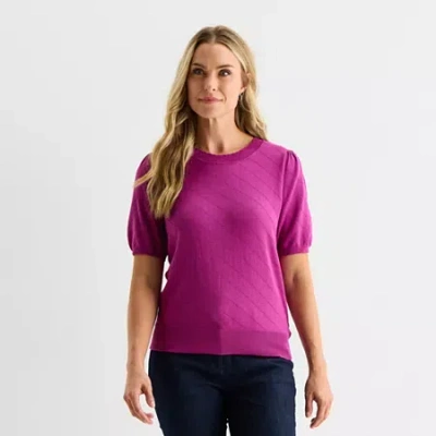 Liz Claiborne Womens Crew Neck Short Sleeve Pullover Sweater In Pink