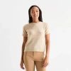 Liz Claiborne Womens Crew Neck Short Sleeve Pullover Sweater In Sand