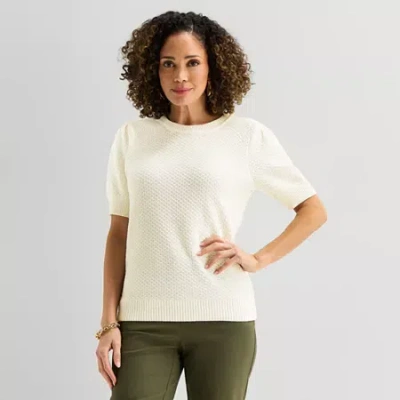 Liz Claiborne Womens Crew Neck Short Sleeve Pullover Sweater In White