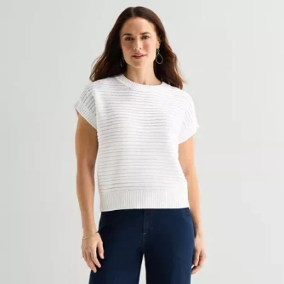 Liz Claiborne Womens Crew Neck Short Sleeve Pullover Sweater In White