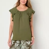 Liz Claiborne Womens Crew Neck Short Sleeve Satin Blouse In Green