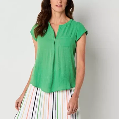 Liz Claiborne Womens Crew Neck Short Sleeve Satin Blouse In Green