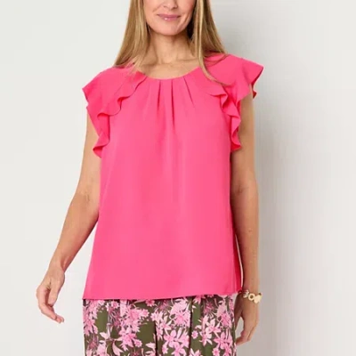 Liz Claiborne Womens Crew Neck Short Sleeve Satin Blouse In Pink
