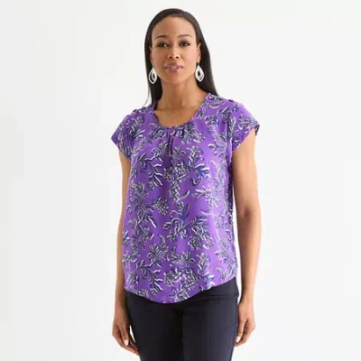 Liz Claiborne Womens Crew Neck Short Sleeve Satin Blouse In Purple