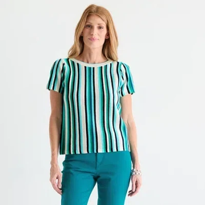 Liz Claiborne Womens Crew Neck Short Sleeve Striped Pullover Sweater In Blue