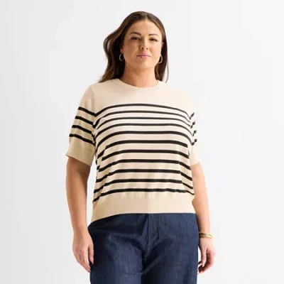 Liz Claiborne Womens Crew Neck Short Sleeve Striped Pullover Sweater In Neutral