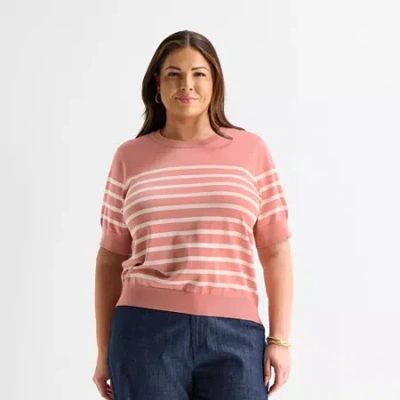 Liz Claiborne Womens Crew Neck Short Sleeve Striped Pullover Sweater In Pink