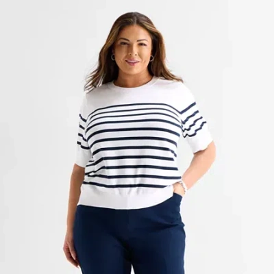 Liz Claiborne Womens Crew Neck Short Sleeve Striped Pullover Sweater In White