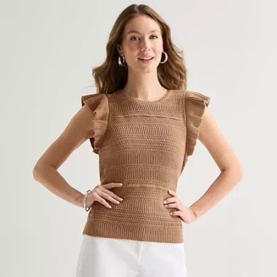 Liz Claiborne Womens Crew Neck Sleeveless Pullover Sweater In Brown