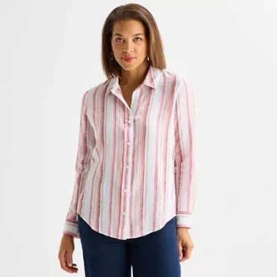 Liz Claiborne Womens Cuffed Long Sleeve Loose Fit Button-down Shirt In Pink