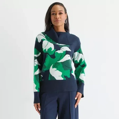 Liz Claiborne Womens Draped Neck Long Sleeve Floral Pullover Sweater In Blue