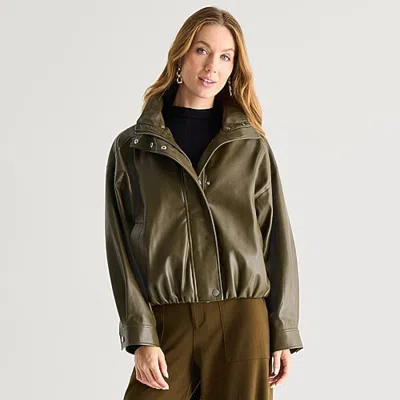 Liz Claiborne Womens Faux Leather Bomber Jacket In Green