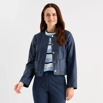 Liz Claiborne Womens Faux Leather Lightweight Cropped Jacket In Blue