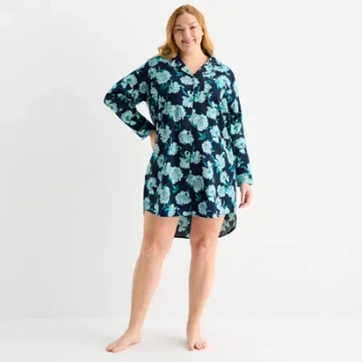 Liz Claiborne Womens Flannel Long Sleeve Plus Nightshirt In Blue
