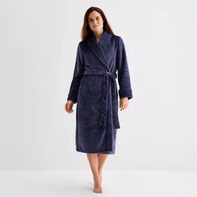 Liz Claiborne Womens Fleece Long Sleeve Long Length Robe In Blue