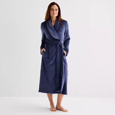 Liz Claiborne Womens Fleece Long Sleeve Long Length Robe In Blue