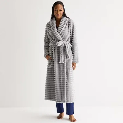 Liz Claiborne Womens Fleece Long Sleeve Long Length Robe In Gray