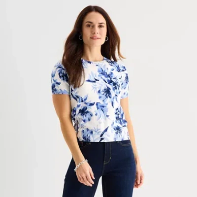 Liz Claiborne Womens Floral Pullover Sweater In White