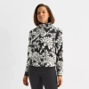 Liz Claiborne Womens Funnel Neck Long Sleeve Floral Pullover Sweater In Black