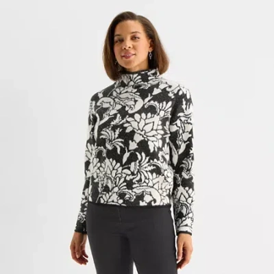 Liz Claiborne Womens Funnel Neck Long Sleeve Floral Pullover Sweater In Black