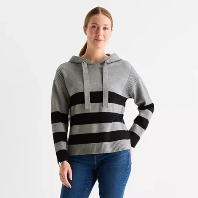 Liz Claiborne Womens Hooded Long Sleeve Striped Pullover Sweater In Gray
