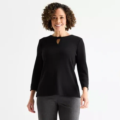 Liz Claiborne Womens Keyhole Neck 3/4 Sleeve Blouse In Black