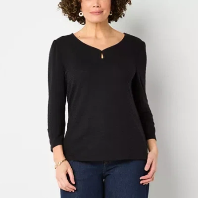 Liz Claiborne Womens Keyhole Neck 3/4 Sleeve Blouse In Black