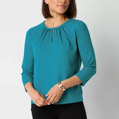 Liz Claiborne Womens Keyhole Neck 3/4 Sleeve Blouse In Blue