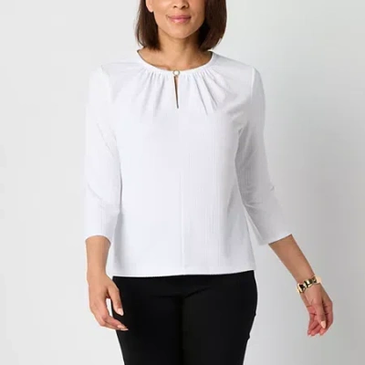 Liz Claiborne Womens Keyhole Neck 3/4 Sleeve Blouse In White