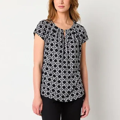 Liz Claiborne Womens Keyhole Neck Short Sleeve Blouse In Black