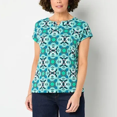 Liz Claiborne Womens Keyhole Neck Short Sleeve Blouse In Blue