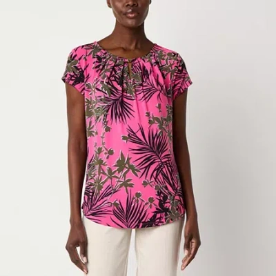 Liz Claiborne Womens Keyhole Neck Short Sleeve Blouse In Pink