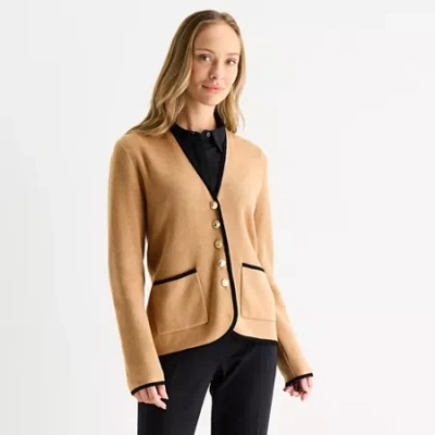 Liz Claiborne Womens Long Sleeve Button Cardigan In Brown