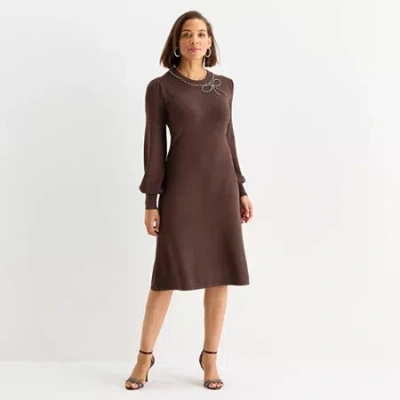 Liz Claiborne Womens Long Sleeve Midi Sweater Dress In Brown