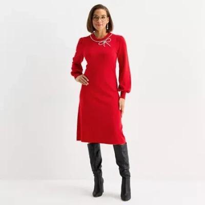 Liz Claiborne Womens Long Sleeve Midi Sweater Dress In Red