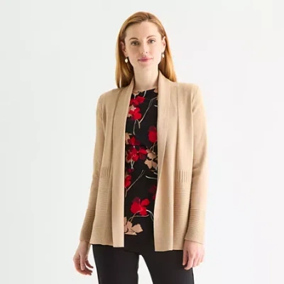 Liz Claiborne Womens Long Sleeve Open Front Cardigan In Brown