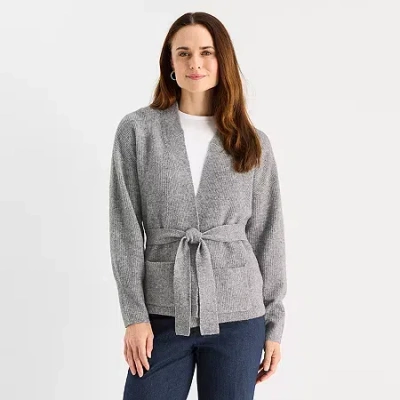 Liz Claiborne Womens Long Sleeve Open Front Cardigan In Gray