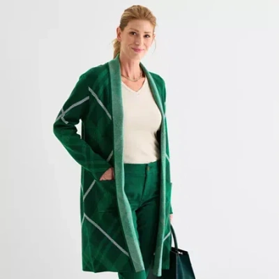 Liz Claiborne Womens Long Sleeve Open Front Cardigan In Green