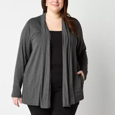 Liz Claiborne Womens Long Sleeve Open Front Plus Cardigan In Gray