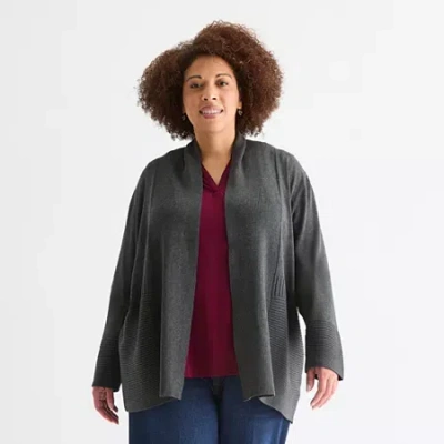 Liz Claiborne Womens Long Sleeve Open Front Plus Cardigan In Gray
