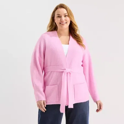 Liz Claiborne Womens Long Sleeve Open Front Plus Cardigan In Pink