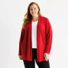 Liz Claiborne Womens Long Sleeve Open Front Plus Cardigan In Red