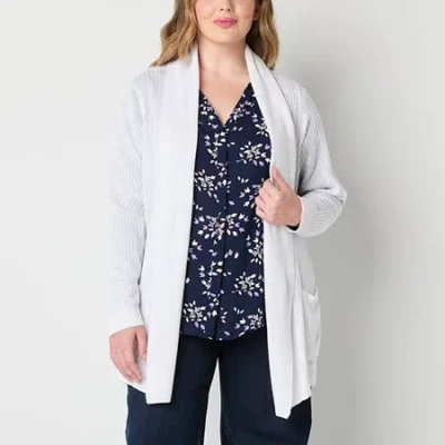 Liz Claiborne Womens Long Sleeve Open Front Plus Cardigan In White