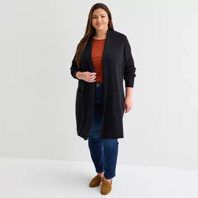 Liz Claiborne Womens Long Sleeve Open Front Plus Plaid Cardigan In Black