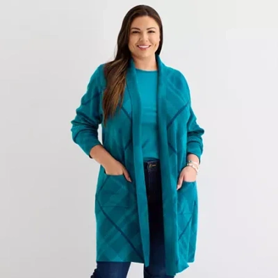 Liz Claiborne Womens Long Sleeve Open Front Plus Plaid Cardigan In Blue