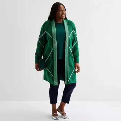 Liz Claiborne Womens Long Sleeve Open Front Plus Plaid Cardigan In Green