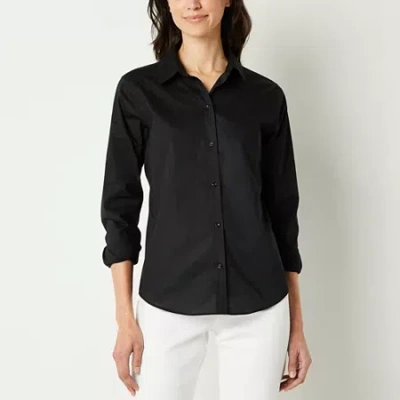 Liz Claiborne Womens Long Sleeve Regular Fit Wrinkle Free Poplin Button-down Shirt In Black