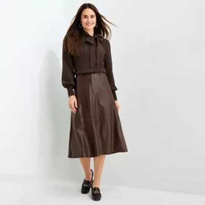 Liz Claiborne Womens Mid Rise Midi Faux Leather A-line Skirt In Brown